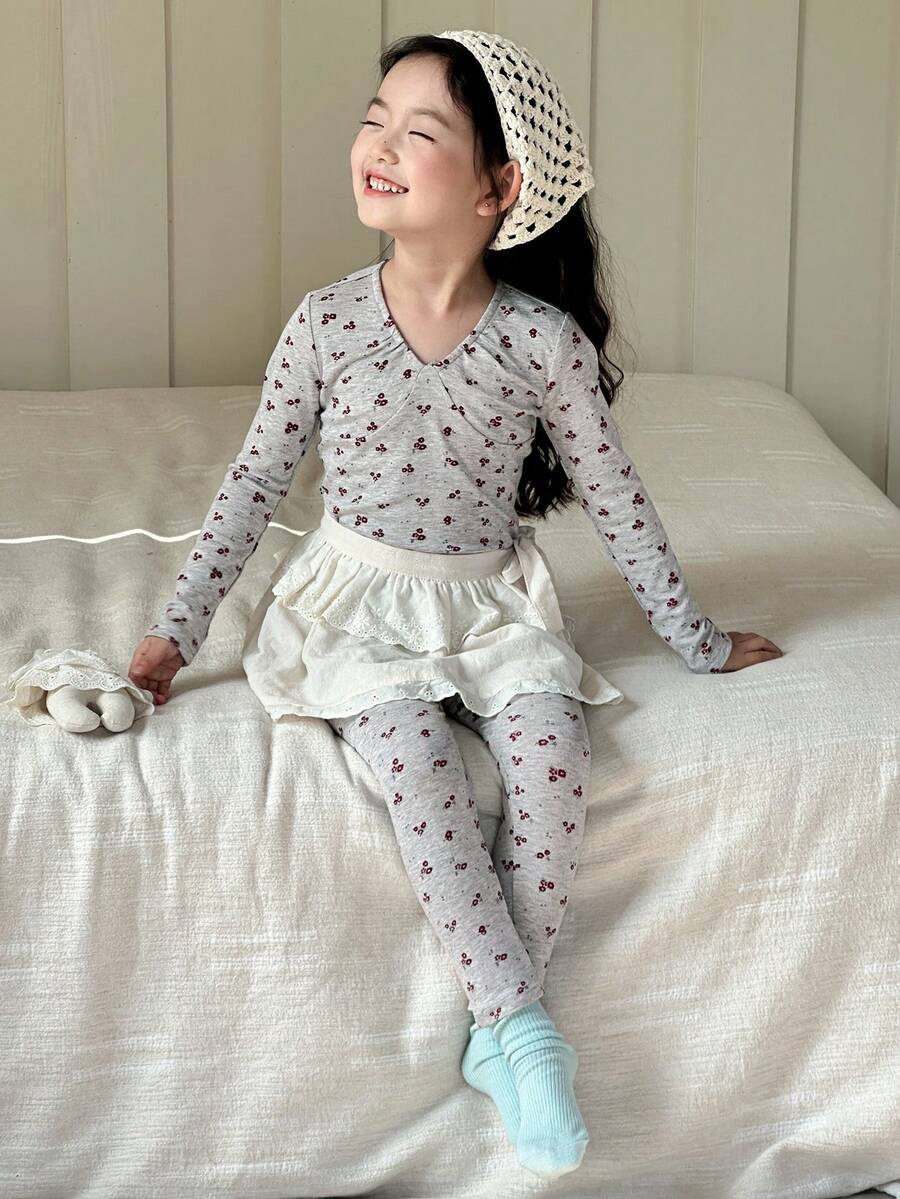 DAZY 2pcs/Set Girls Young Girl Casual Long Sleeve Top And Pants Homewear Set, Fall - Grey - View 1