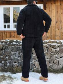 Manfinity CasualCool 男士纯色休闲长袖抓绒外套和裤子套装，秋冬黑色两件套度假装 - 黑色 - 查看 2