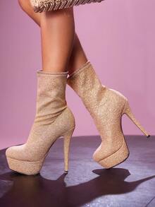 CUCCOO LuxiPop Botas de plataforma de tacón alto y suela gruesa, impermeables, de media pantorrilla para mujer, color dorado, sexy y de moda para discoteca, Halloween, fiesta de Navidad, invierno - Dorado - Ver 5