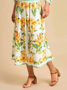 CAJUNI Women's Casual Vacation Tropical Plant Floral Green Leaf Yellow Green Beige V-Neck Hollow Out Long Sleeve Mid-Length Dress, Suitable For Dates, Elegant Graduation Dress, Outdoor Dress, Tropical Dress, Summer Dress With Sleeves, Resort Wear Women, Tropical Vacation Dress, Sundress With Sleeves - Yellow - View 4