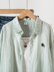 SHEIN Sparklyn Tween Girl Knight Print Striped Drop Shoulder Casual Shirt - Green - View 5