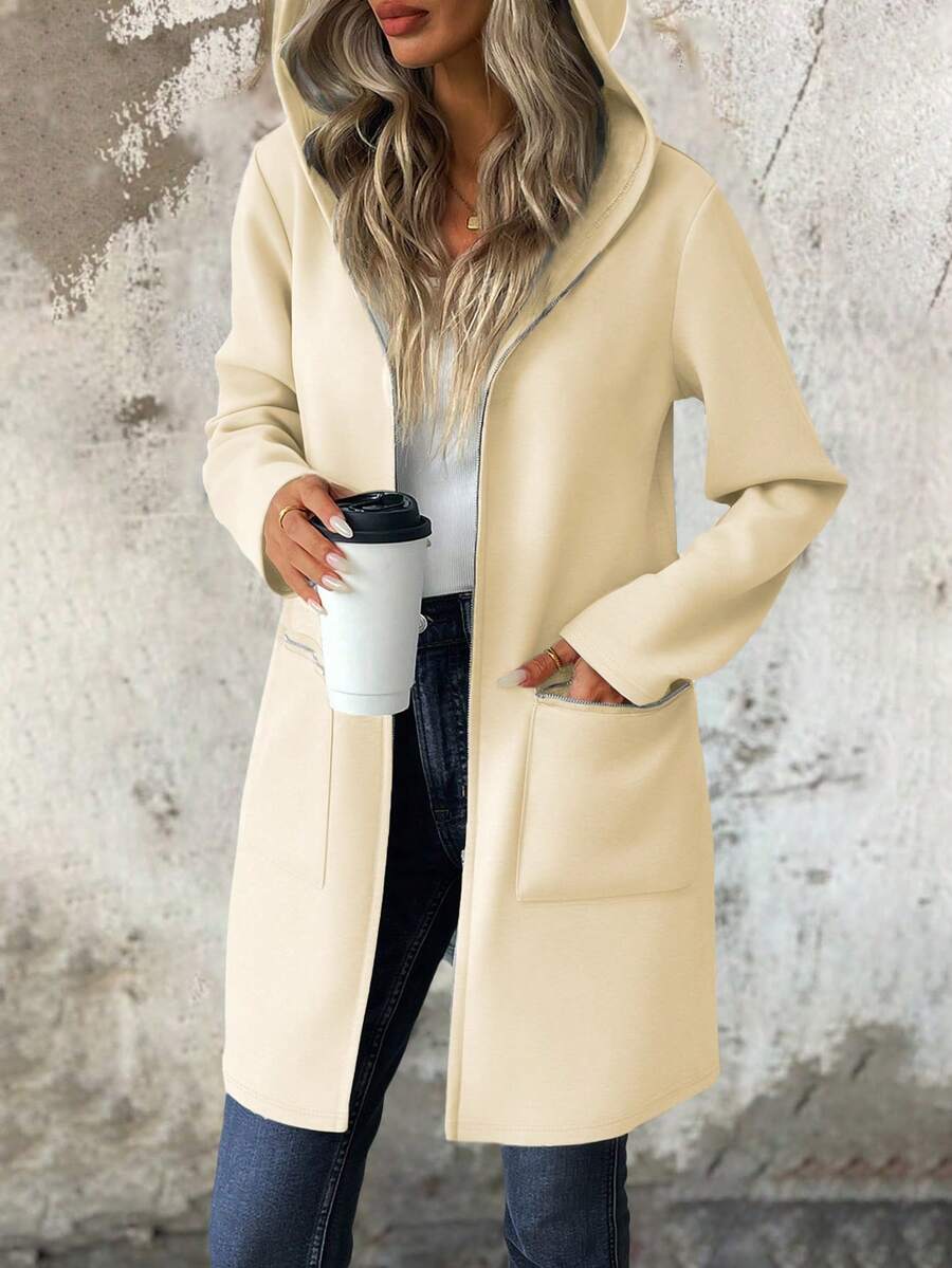 女式秋季长袖连帽夹克，落肩，卫衣材质，拉链装饰，中长款，休闲 - 杏色 - 查看 1