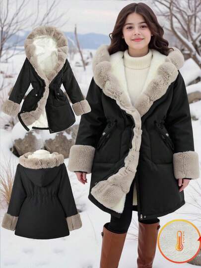 SHEIN 1pc Girls Fluffy Hooded Long Sleeve Midi Coat, Comfortable Minimalist Design, Suitable For Winter Fall
