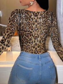 SHEIN Women's Fashionable Sexy Leopard Print Sequin Bodysuit