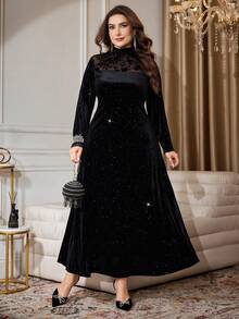 Modelyn Robe longue à manches longues avec patchwork en maille et décoration de cristaux, automne/hiver, grande taille - Noir - Voir 3