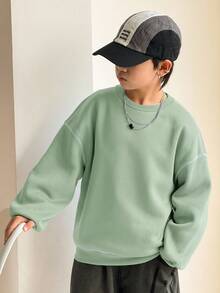 SHEIN 男童休闲韩版宽松撞色圆领卫衣，适合通勤、上学、日常休闲、运动、秋冬季穿着。 - 薄荷綠 - 查看 3