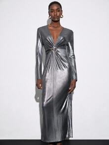 Aveloria Modichic Robe de soirée à la mode avec design torsadé col V, manches longues, style automne/hiver, style européen et américain - Argent - Voir 5