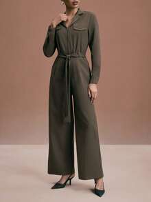JIAN LASALA Zipper-Up Collared Long Sleeve Wide-Leg Woven Jumpsuit With Waist Tie Women Casual Wear Pantsuit For Women Elegant Jumpsuit Women Jumpsuit Women Jumpsuits Elegant Jumpsuits Long Sleeve Jumpsuit Earthy Clothes Women Jumpsuits Brown Jumpsuit Women Work Jumpsuits For Women Jumpsuits Women Jumpsuits Work Jumpsuits For Woman Women Jumpsuits Long Sleeve Jumpsuits For Woman Beach Wedding Guest - Army Green - View 6