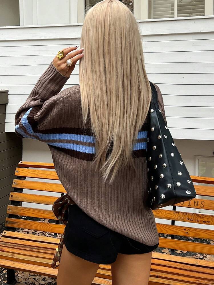 Women's Casual Striped Polo Neck Drop Shoulder Long Sleeve Sweater, Autumn/Winter