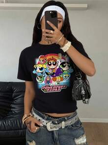 THE POWERPUFF GIRLS X SHEIN Camiseta de manga corta de cuello de tripulación suelta con diseño de flor, burbujas y ranúnculo en color negro para el verano - Negro - Ver 5