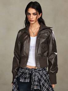 ROMWE Grunge Punk 复古街头风格仿旧 PU 机车风领口修身女式夹克