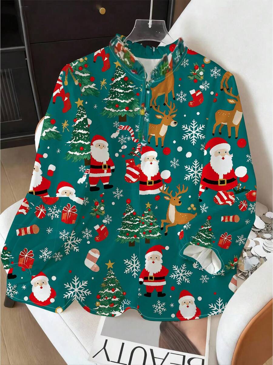 SHEIN Clasi Áo cánh tay bồng nhún bèo họa tiết cây thông Noel, người bánh gừng, kẹo gậy, ông già Noel, thời trang giản dị, phong cách Pháp cổ điển thanh lịch - Màu xanh lá cây đậm - Xem 1