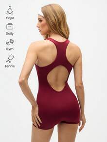 Eassivo Women's Sleeveless One Piece Yoga Romper,Burgundy Cut Out Back Athletic Workout Playsuit, Stretch Fitness Gym Bodysuit, Activewear For Women