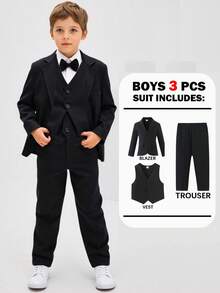 SHEIN 4 件套年轻男孩绅士西装套装 - 纹理西装外套、背心和裤子，适合生日派对、婚礼、洗礼、学校和其他场合 - 黑色 - 查看 1