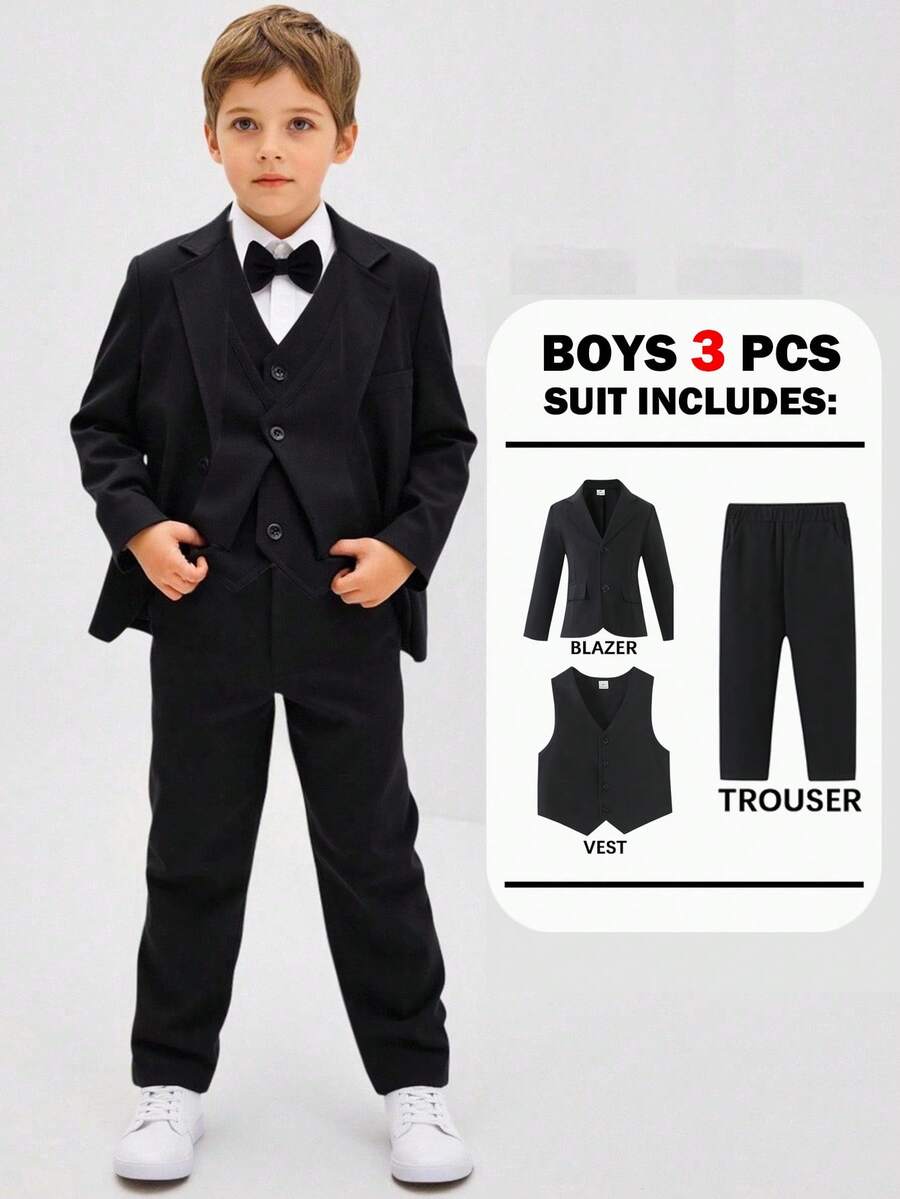 SHEIN 4 件套年轻男孩绅士西装套装 - 纹理西装外套、背心和裤子，适合生日派对、婚礼、洗礼、学校和其他场合 - 黑色 - 查看 1
