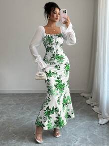 Elenzga Đầm voan tay bồng cổ vuông thắt nơ dành cho nữ mới, đa năng cho các buổi hẹn hò, tụ tập, mặc hàng ngày, bó eo, tôn dáng, thanh lịch, trẻ trung, đầm dài cho mùa xuân, hè, thu - màu xanh lá - Xem 4