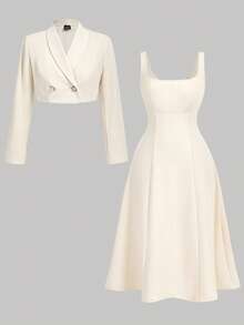 SHEIN MOD Plus Size Women's Apricot Blazer And Dress Set, Elegant Office Outfit. Outfit.Elegant Party, Date, And  Outfits.Elegant Office Attire