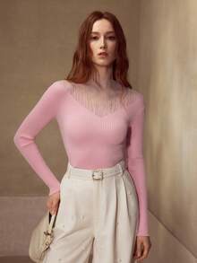 MOTF PREMIUM PINK ORGANZA PATCHWORK LONG SLEEVE FITTED PULLOVER SWEATER - Pink - View 1