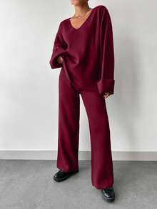 EURMUSE Women's Solid Color V-Neck Long Sleeve Sweater And Knitted Pants Casual 2-Piece Set, Autumn/Winter - Burgundy - View 5