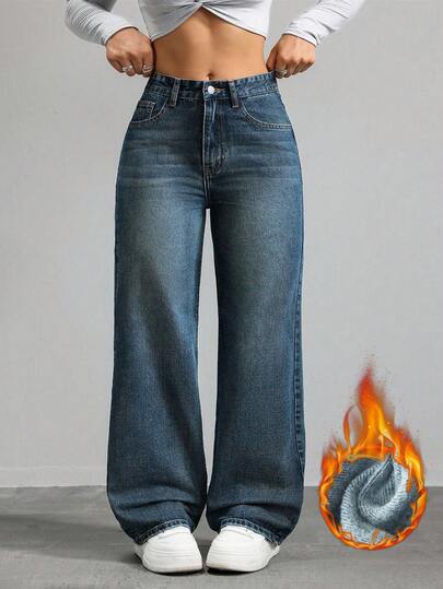 SHEIN ICON 大码休闲水洗复古直筒牛仔裤