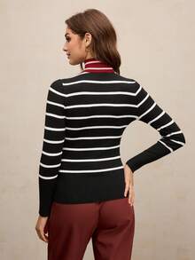 Activina Suéter de cuello alto casual y deportivo con bloques de color y rayas para mujer, otoño/invierno - Blanco y Negro - Ver 2