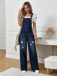 EMERY ROSE Women's Casual Distressed Dark Wash Blue Loose Straight Bib Overalls - Dark Wash - View 4