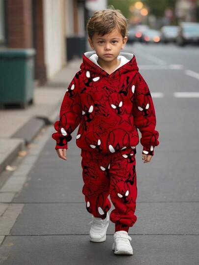 SHEIN Conjunto de 2 peças para meninos, solto, casual, assustador, teia de aranha, estampa, máscara, gráfico, confortável, moletom com capuz + calças, adequado para outono/inverno