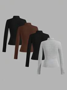 SHEIN Essnce 4件套休闲纯色百搭修身高领毛衣，适合秋冬季女装 - 彩色 - 查看 2