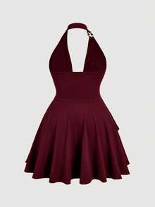 SHEIN MOD 大码复古 70 年代不对称迷你连衣裙，饰有荷叶边、露背领、串珠装饰、层叠蛋糕裙摆和垂褶领——Y2K 风格，非常适合海岛度假、派对、约会、生日庆祝、下午茶和节日！ - 酒紅色 - 查看 2