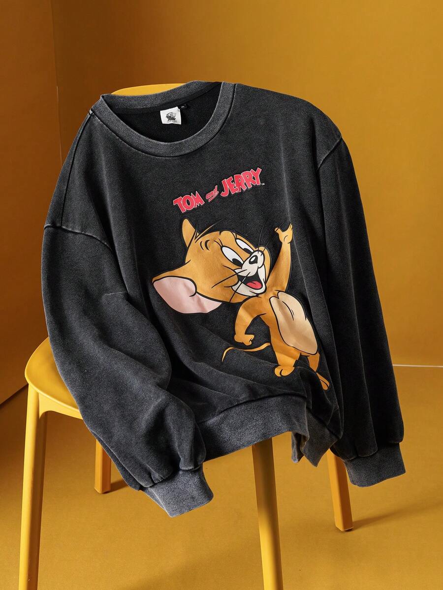 TOM & JERRY X SHEIN Hanorac cu guler rotund, spălat, cu imprimeu de șoarece și litere, mărime plus, toamnă