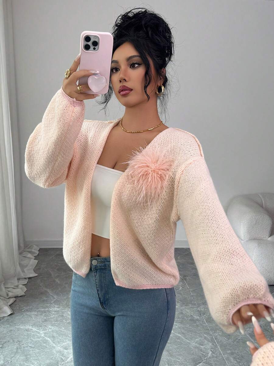 SHEIN Elenzya Women's Luxury Feather Decor Fashion Party Cardigan Sweater, Autumn/Winter