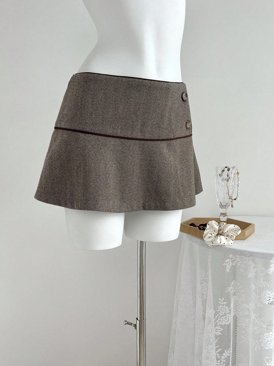 SHEIN PETITE Women's Retro Low-Waist Herringbone A-Line Skirt