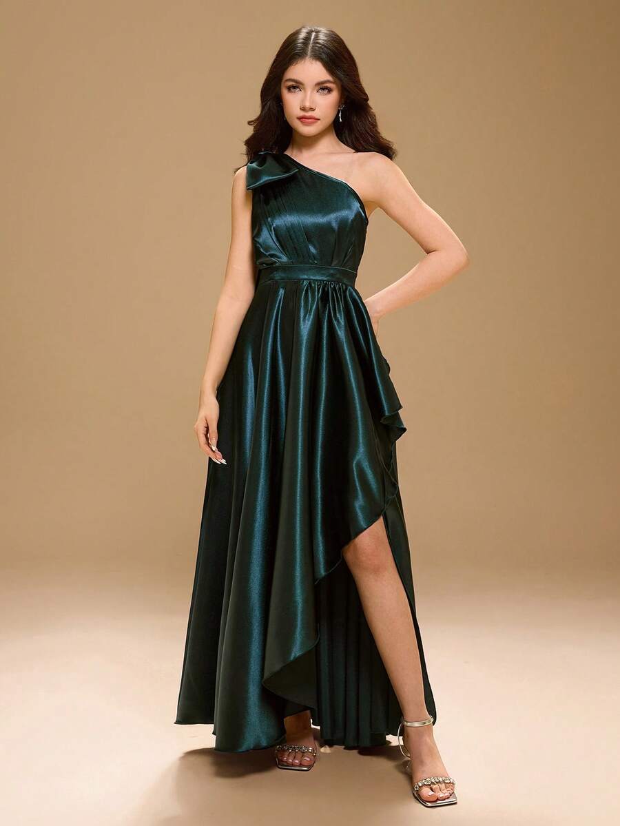 少女不对称肩部荷叶边下摆优雅正式连衣裙