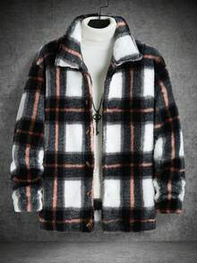 Manfinity Homme 男士格子长袖休闲抓绒外套，秋冬季 - 彩色 - 查看 6