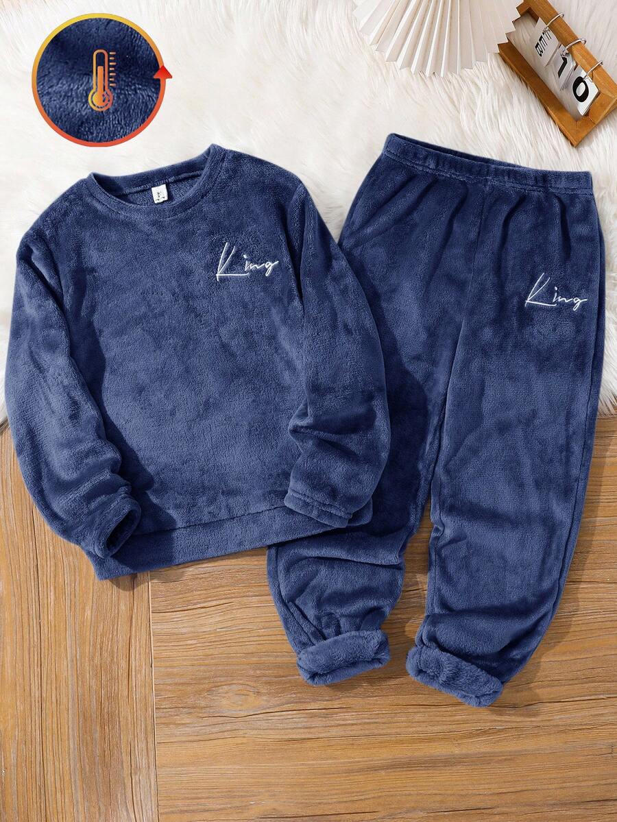 SHEIN 2pcs Kids/Tween Boys Casual Everyday Comfortable Embroidered Flannel Crew Neck Long Sleeve Top And Loose Fit Drawstring Pants Sleepwear Set - Navy Blue - View 1