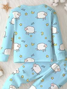 SHEIN 男婴贴身休闲简约圆领舒适长袖睡衣套装，秋冬款，经典可爱卡通睡羊、星星、月亮星空印花 - 彩色 - 查看 4