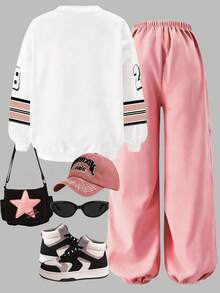 SHEIN ChillGRL 两件套少女运动街头休闲字母数字印花长袖针织卫衣和侧袋抽绳工装裤，酷女孩日常运动装 - 彩色 - 查看 2