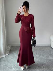 SHEIN Raffinéa 女士优雅高贵的酒红色亮片拼接鱼尾下摆修身连衣裙，适合晚宴、庆典和节日场合。 - 酒紅色 - 查看 5