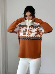 SHEIN Elenzya 优雅女士毛衣，费尔岛图案，拼色拉链毛衣，圣诞图案，秋冬毛衣 - 鏽棕色 - 查看 6