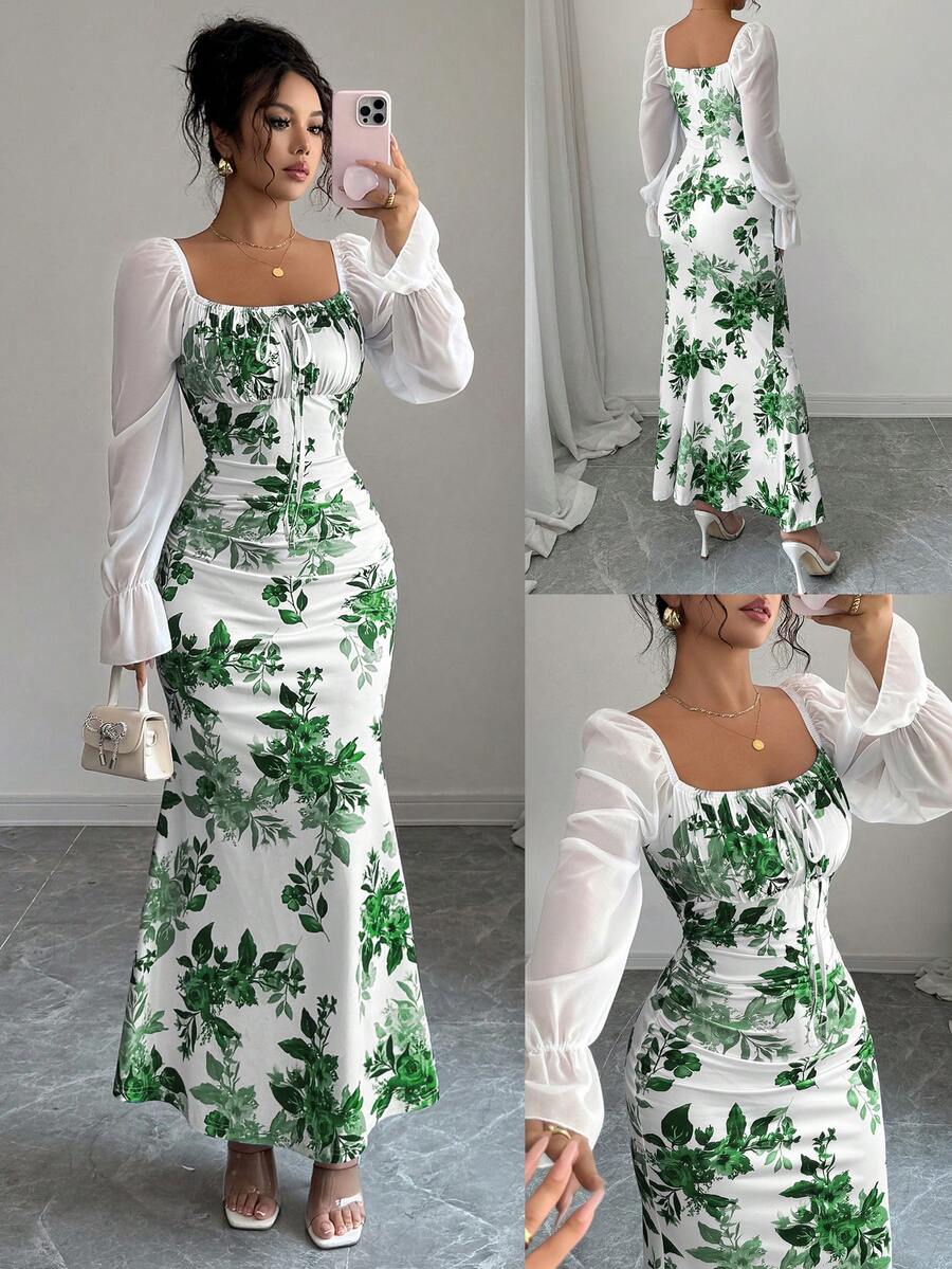 Elenzga Đầm voan tay bồng cổ vuông thắt nơ dành cho nữ mới, đa năng cho các buổi hẹn hò, tụ tập, mặc hàng ngày, bó eo, tôn dáng, thanh lịch, trẻ trung, đầm dài cho mùa xuân, hè, thu - màu xanh lá - Xem 1