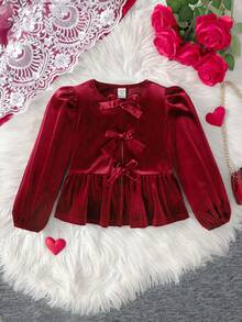 SHEIN Young Girl Solid Color Round Neck Puff Sleeve Fitted Casual Shirt Girls Long Sleeve Blouses Red Blouse For Kids Girl Clothes Autumn And Winter Clothes Little Girl Red Top Autumn And Winter Young Girls Dressse - Burgundy - View 3