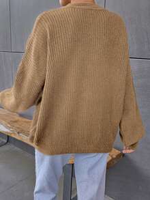 EURMUSE Suéter casual de cor sólida com ombros caídos, outono/inverno - Camelo - Ver 3