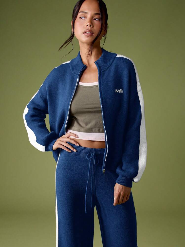 MISSGUIDED Knitted Zip Up Cardigan With Embroidered Logo And Contrast Side Stripe Detail For Casual Everyday Wear