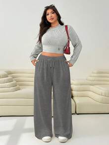 Solflare 大码女式灰色抽绳腰带口袋休闲阔腿裤，秋冬季 - 灰色 - 查看 4