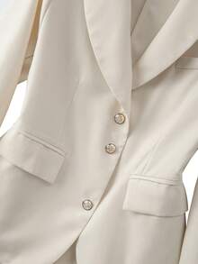 GlowEve CURVE Plus Size Women's Popular Solid Color Contrast Collar Long Sleeve Commuter Suit Set, Elegant Fitted Tailored Design, Metal Button Decor, Versatile For Women In Autumn/Winter