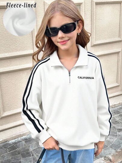 SHEIN Tween Girl White Knit Half-Zip Collar Loose Casual School English Print Sweatshirt, Back To School, Minimalist Daily Wear Fall Winter