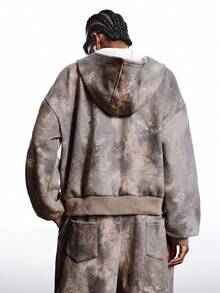 LYSMO 女士扎染落肩长袖拉链连帽卫衣，秋冬款 - 軍綠色 - 查看 2