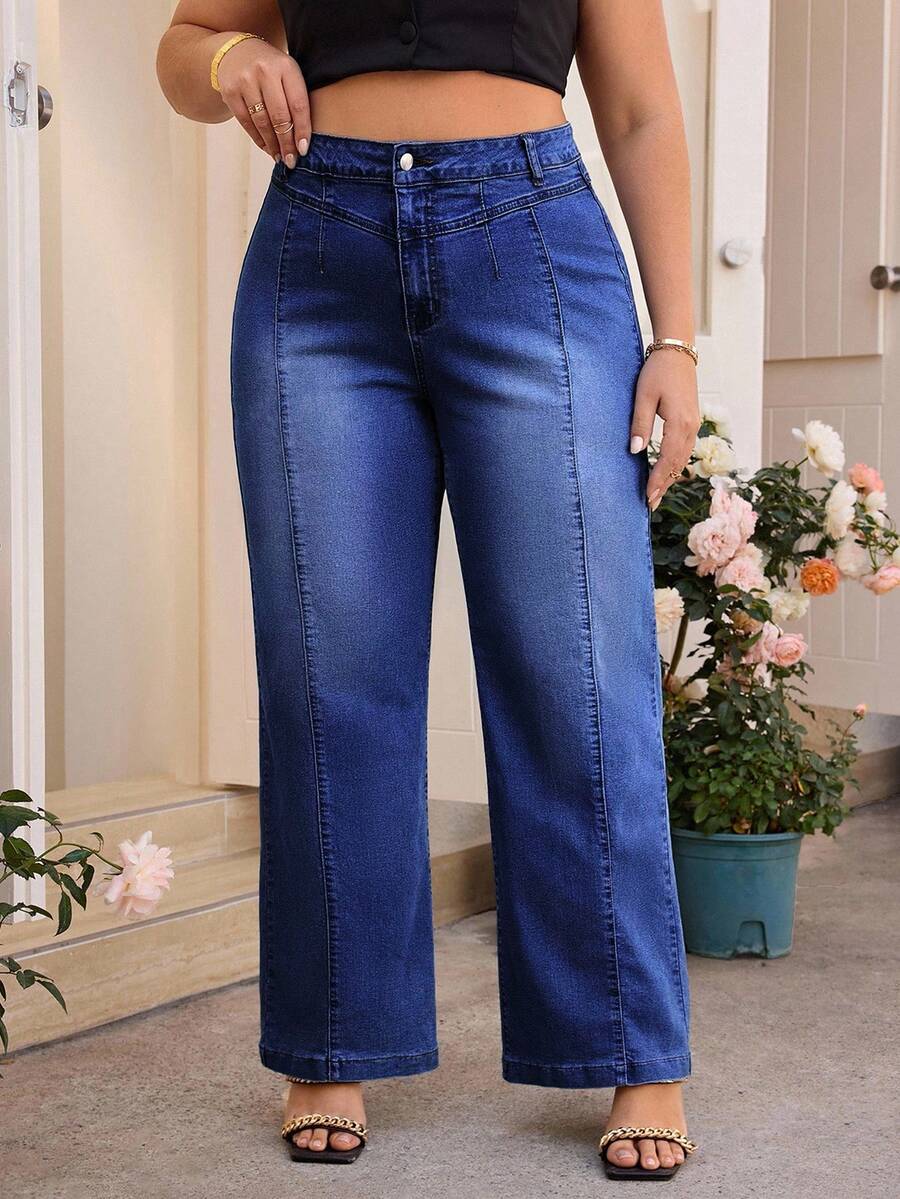 SHEIN PETITE CURVE 大码女式高腰阔腿宽松休闲百搭牛仔裤 - 深色水洗藍 - 查看 1