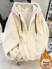 Franclia 女士休闲加绒连帽拉链卫衣，秋冬季 - 杏色 - 查看 3