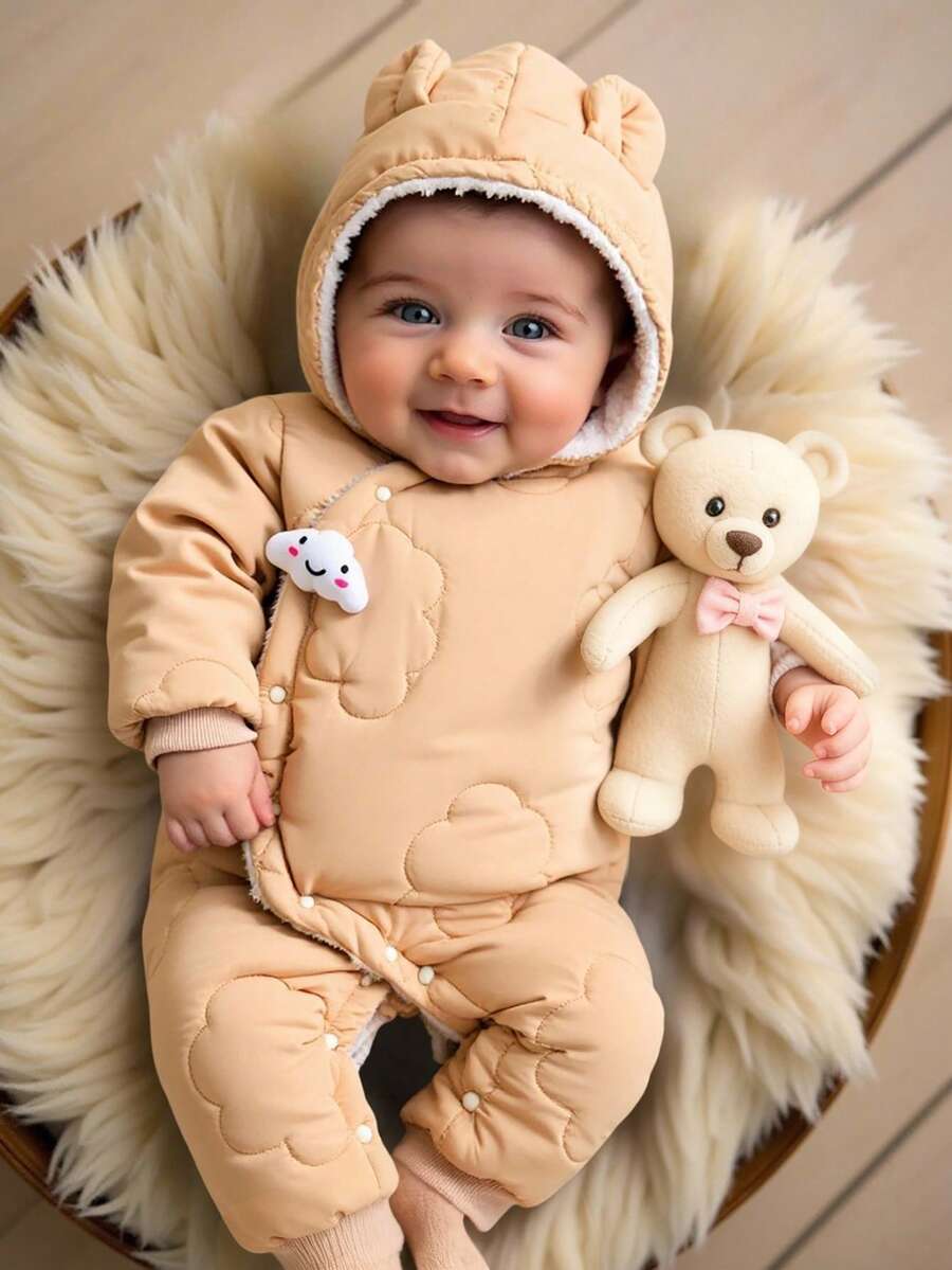SHEIN Vintaside Kids 1 bộ áo liền quần mùa đông mới 2025 cho bé gái, họa tiết mây, lót giữ nhiệt, có mũ trùm đầu, mở phía trước, dễ thương, thời trang, dày dặn, ấm áp cho bé gái. - Màu Khaki - Xem 1
